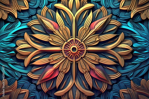 an artistic 3d design of an ornate flower on a blue background