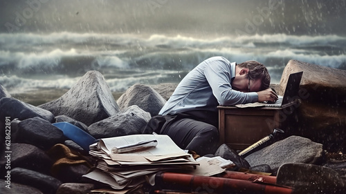 A person is depressed and in emotional burnout, strong tiredness, failures at work photo