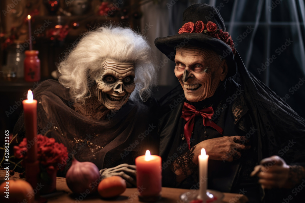 Couple of seniors wearing spooky costumes celebrating Halloween.