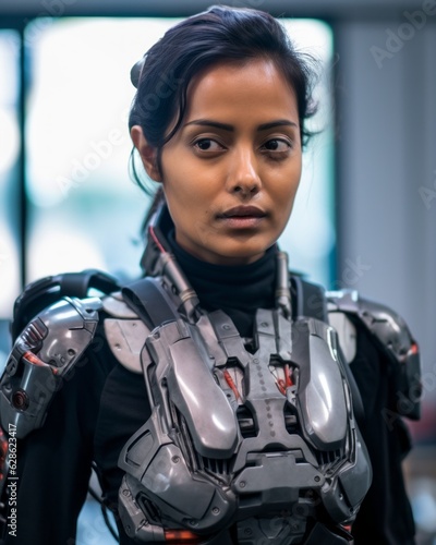 an asian woman wearing a robot suit standing in front of a window © AberrantRealities