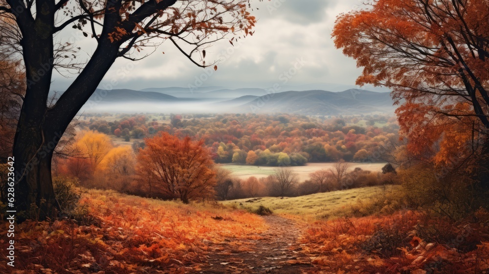 an autumn landscape with trees and a path leading to a valley
