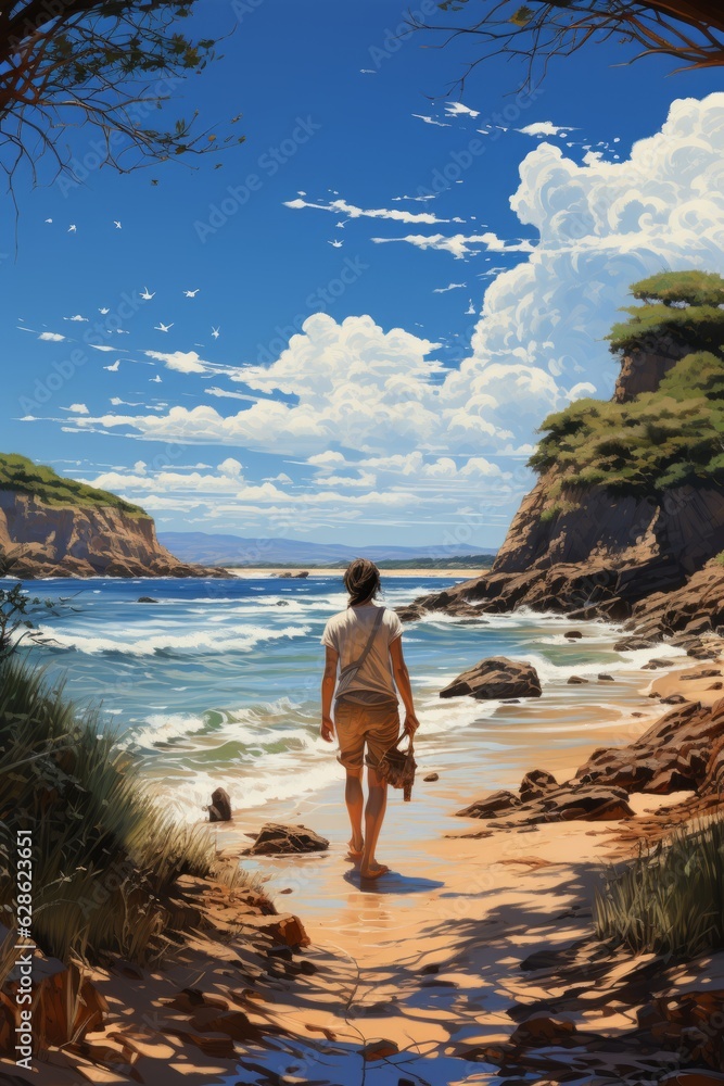 Obraz premium Hombre de mediana edad bajando recorriendo una bonita playa con nubes y olas azules, montañas y rocas.