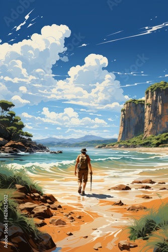 Hombre de espaldas con mochila en bonita playa con cielo azul con nubes blancas, rocas y plantas verdes. Hombre en bonita isla desierta.