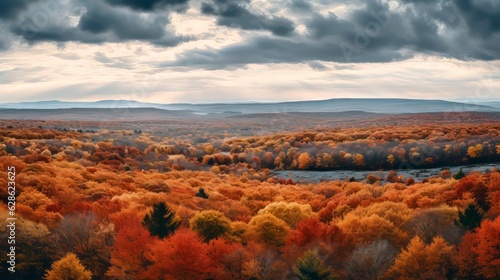an autumn landscape with colorful trees and a stormy sky