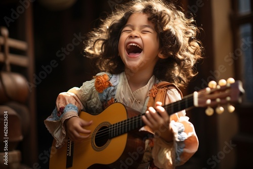 Fotografia Young Asian Child Playing Guitar with Dedication and Talent.