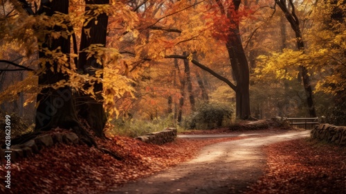 an autumn road in the woods with trees and leaves