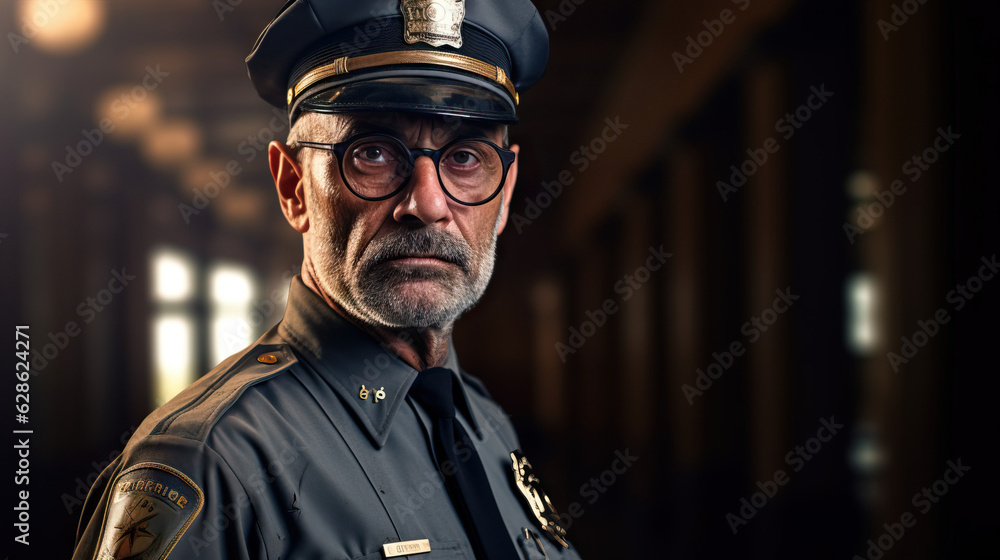 Prison Guard Portrait Jail Setting Portrait. Cells. Officer in Uniform. Concept of Inmate, Solitary, Incarceration, Confinement, Law, and Warden Prison Guard Portrait Jail Setting Portrait. Cells. Officer in Uniform. Concept of Inmate, Solitary, Incarceration, Confinement, Law, and Warden