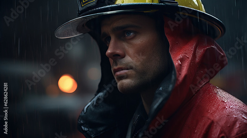 Sad Firefighter in Uniform in the Rain. Outside a Fire. Upset and Depressed. Concept of Firefighting, Fire, Sadness, and Defeat.