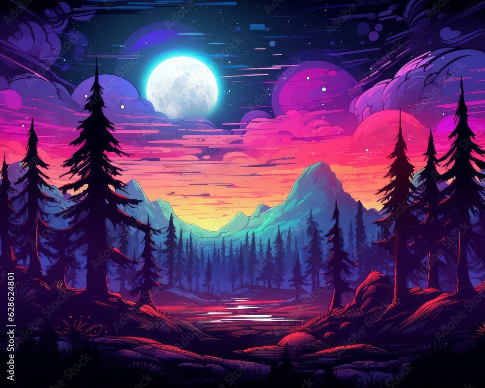 an illustration of a colorful night scene with trees and a full moon
