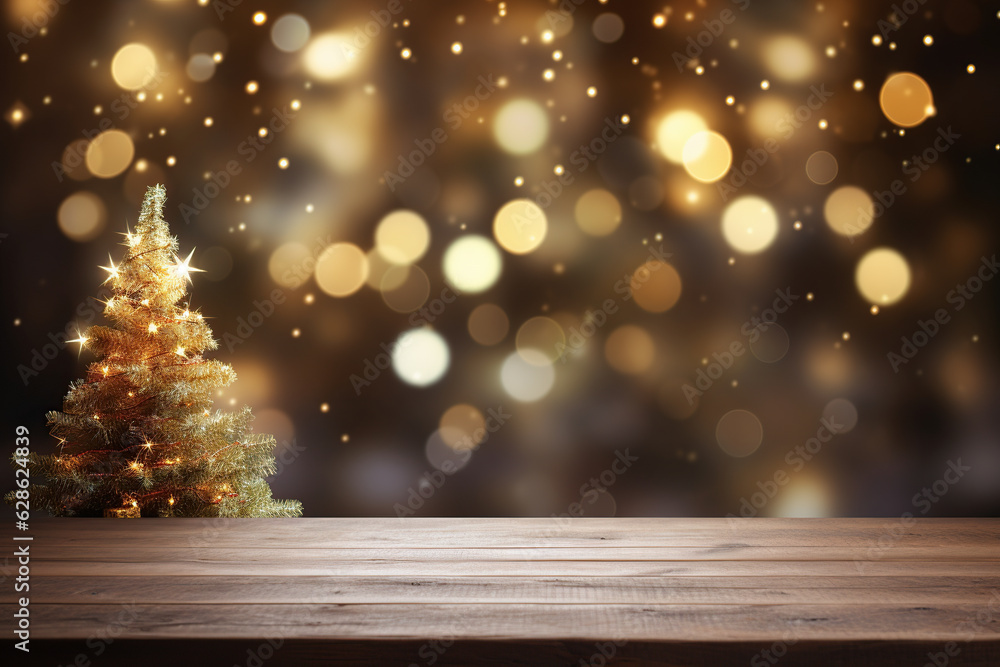 wooden table with christmas bokeh lights Generative AI wooden table with christmas bokeh lights Generative AI