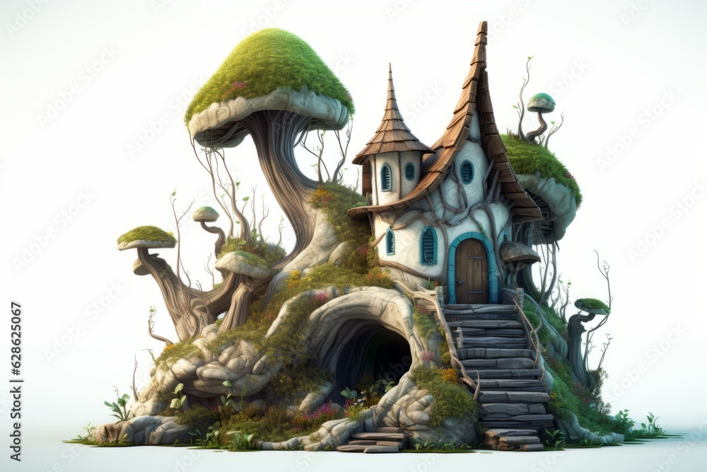 an illustration of a fairy house with mushrooms and trees an illustration of a fairy house with mushrooms and trees