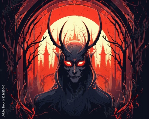 an illustration of a demon with horns and red eyes