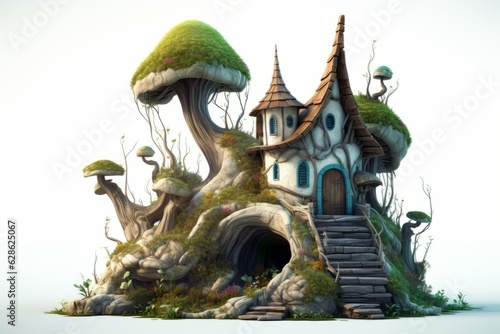 an illustration of a fairy house with mushrooms and trees