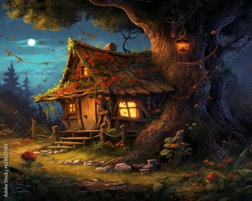 an illustration of a fairy house in the woods at night