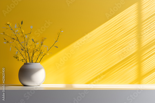 still life with a vase on yellow background