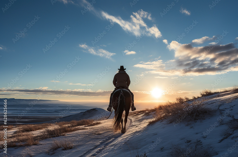 cowboy on horse at snow Generative AI