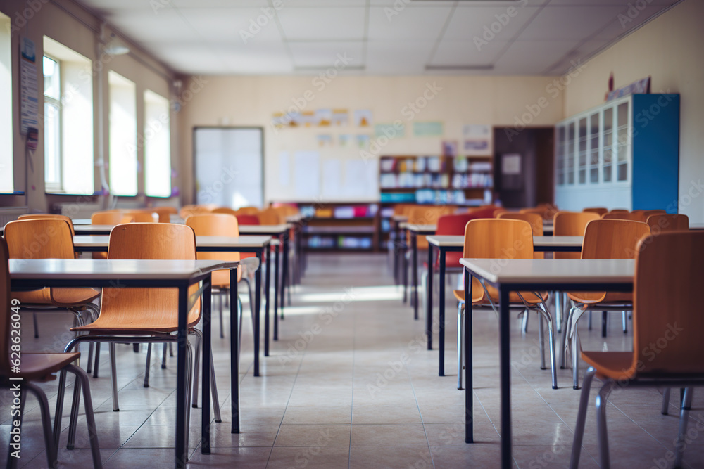 Desk and chairs in classroom Generative AI