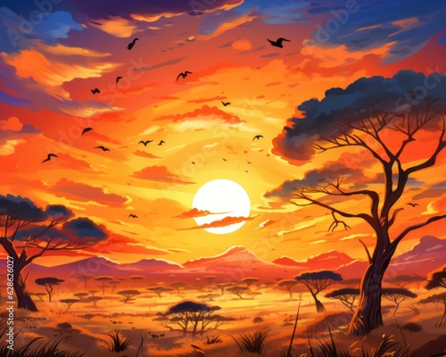 an illustration of a sunset in the african desert