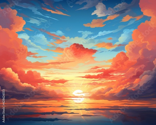 an illustration of a sunset over the ocean with clouds in the background