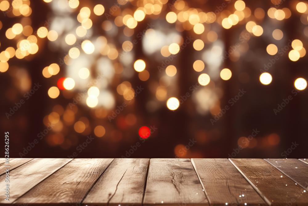 wooden table with christmas bokeh lights Generative AI wooden table with christmas bokeh lights Generative AI