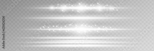 White horizontal lens flares pack. Laser beams, horizontal light rays. Luminous abstract sparkling lined background.