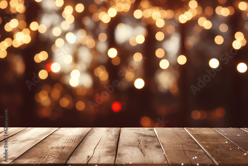 wooden table with christmas bokeh lights Generative AI
