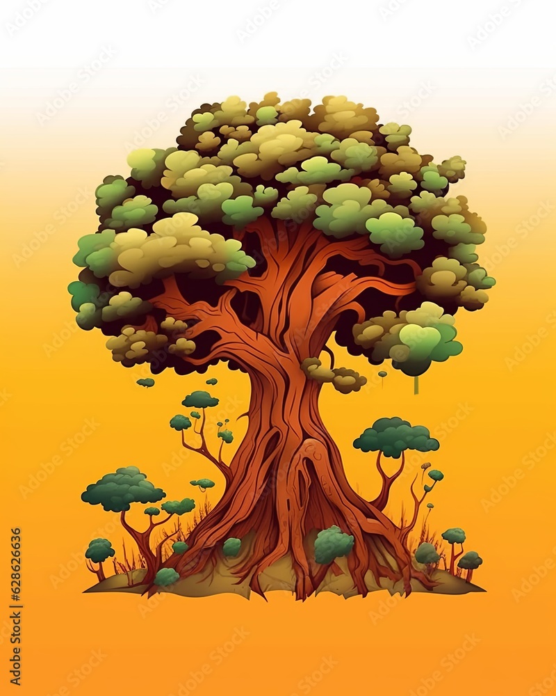 an illustration of a tree with roots on an orange background