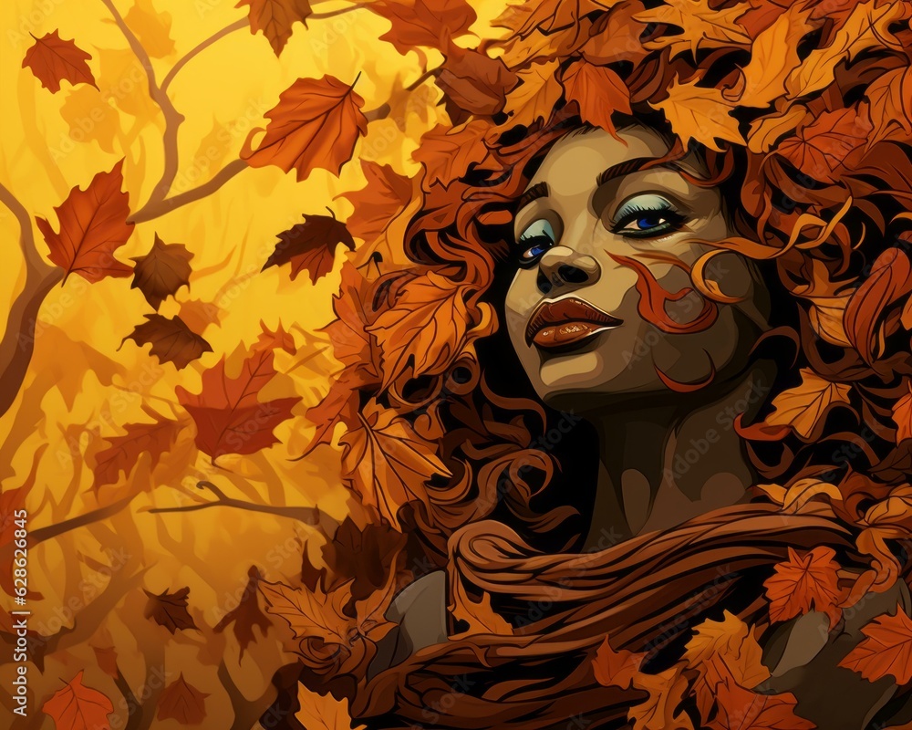 an illustration of a woman with autumn leaves on her head