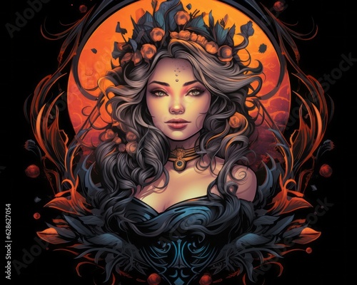 an illustration of a woman with long hair and flowers on her head