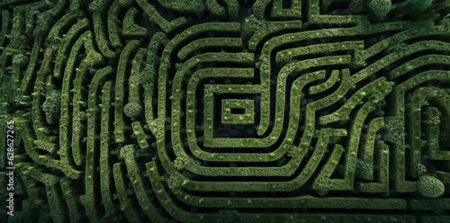 Aerial view of maze made of trees and bush. Drone view of the maze of plants. Natural maze made with green fir branches background. Minimal nature concept with copy space. Generative AI.