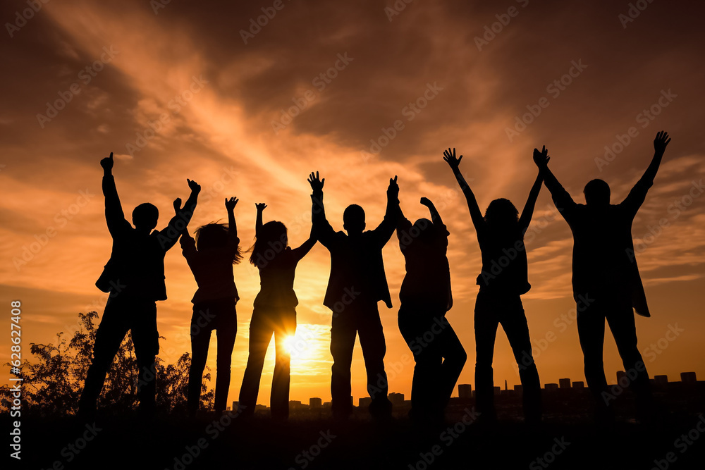 Big group of people having fun in success victory and happy pose with raised arms on mountain top against sunset lakes and mountains. Generative AI. Big group of people having fun in success victory and happy pose with raised arms on mountain top against sunset lakes and mountains. Generative AI.
