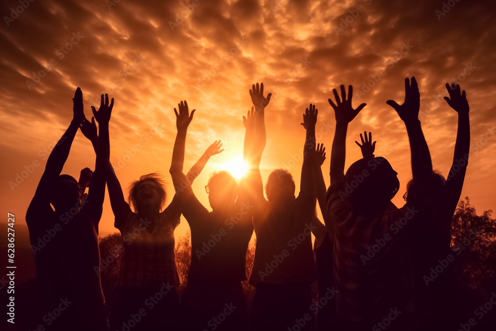 Big group of people having fun in success victory and happy pose with raised arms on mountain top against sunset lakes and mountains. Generative AI.