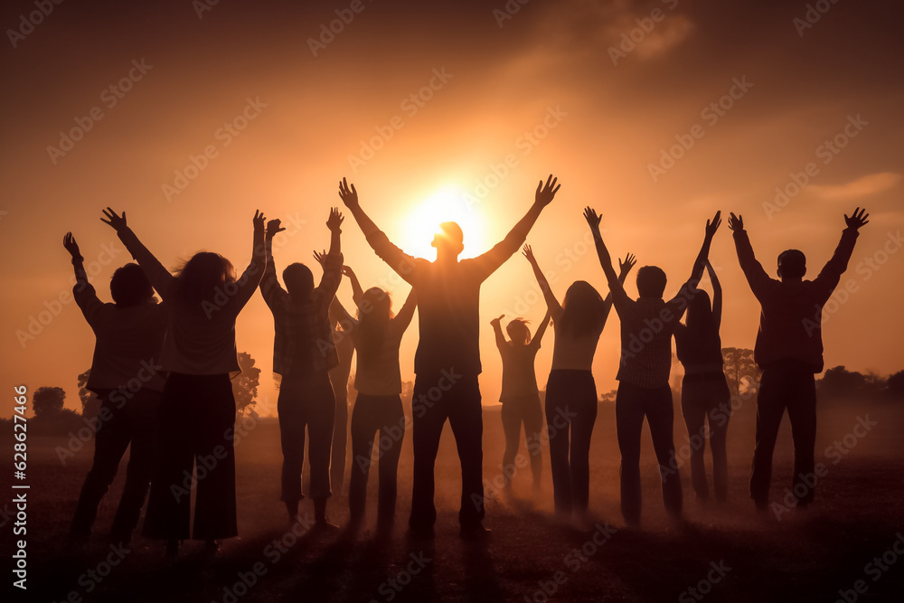 Fototapeta premium Big group of people having fun in success victory and happy pose with raised arms on mountain top against sunset lakes and mountains. Generative AI.