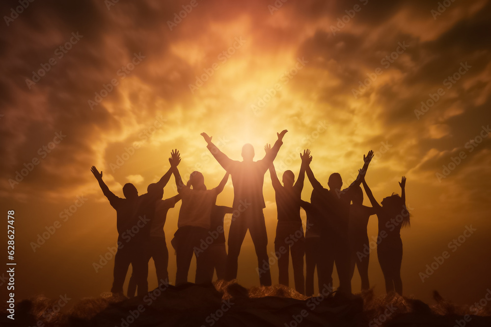 Big group of people having fun in success victory and happy pose with raised arms on mountain top against sunset lakes and mountains. Generative AI. Big group of people having fun in success victory and happy pose with raised arms on mountain top against sunset lakes and mountains. Generative AI.