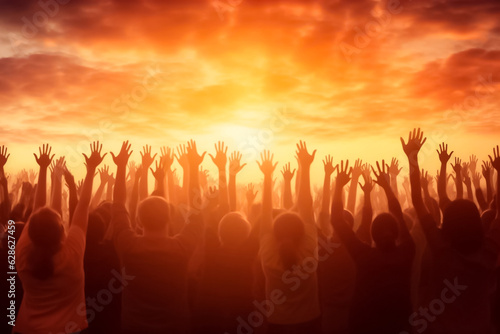 Big group of people having fun in success victory and happy pose with raised arms on mountain top against sunset lakes and mountains. Generative AI.