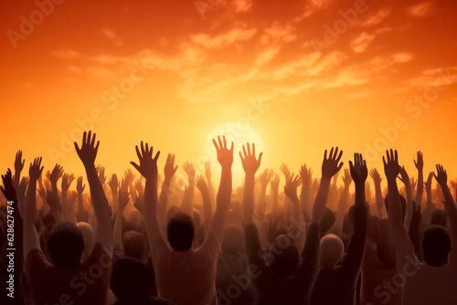 Big group of people having fun in success victory and happy pose with raised arms on mountain top against sunset lakes and mountains. Generative AI.