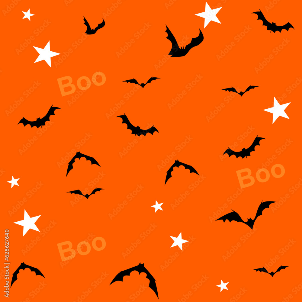 Halloween background seamless pattern. Isolate on orange background. Vector icon Halloween elements. Ghost star bat and lantern.