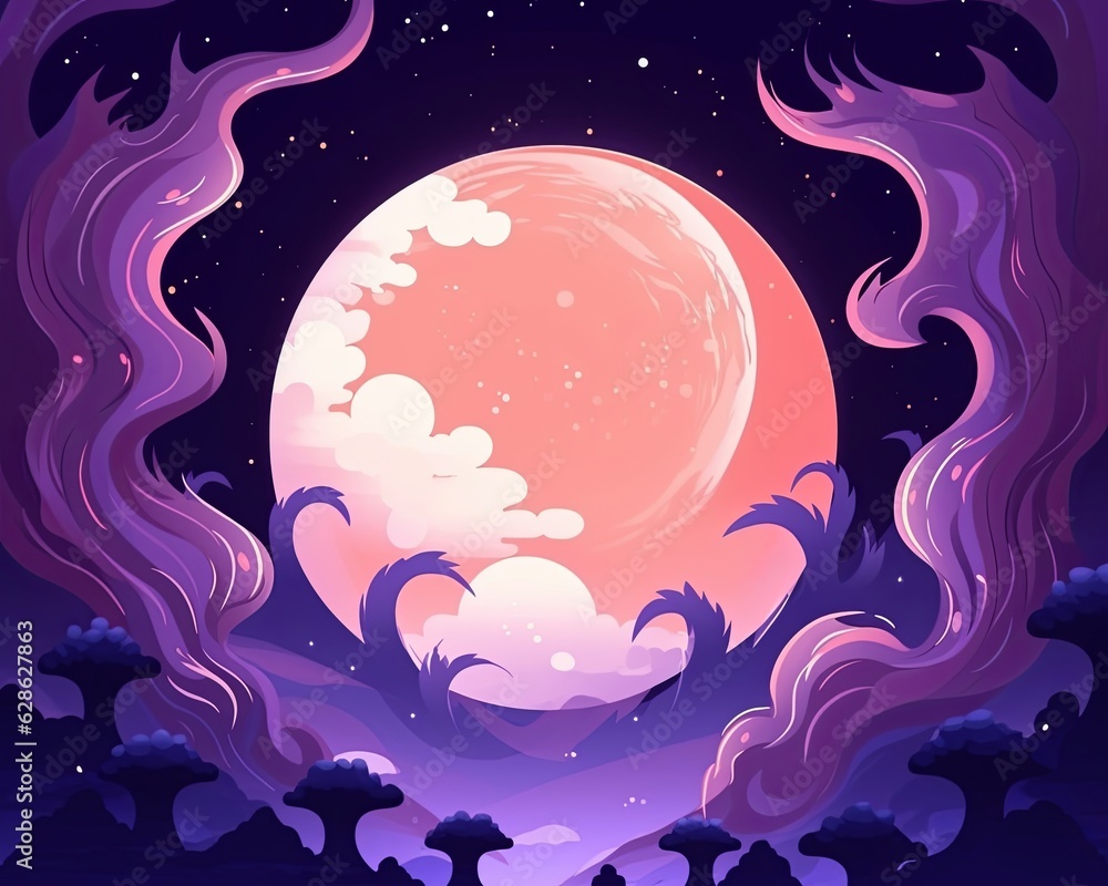 an illustration of the moon with clouds and trees in the background an illustration of the moon with clouds and trees in the background