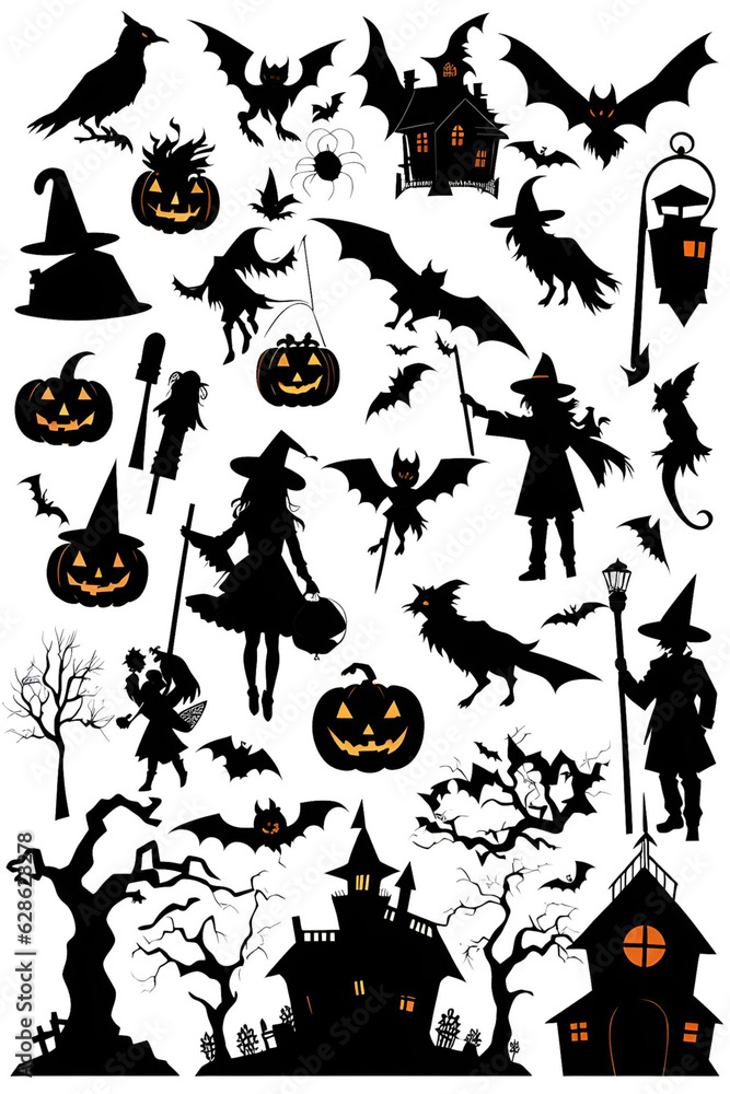Naklejka premium Set of silhouettes of Halloween on a white background. Vector illustration