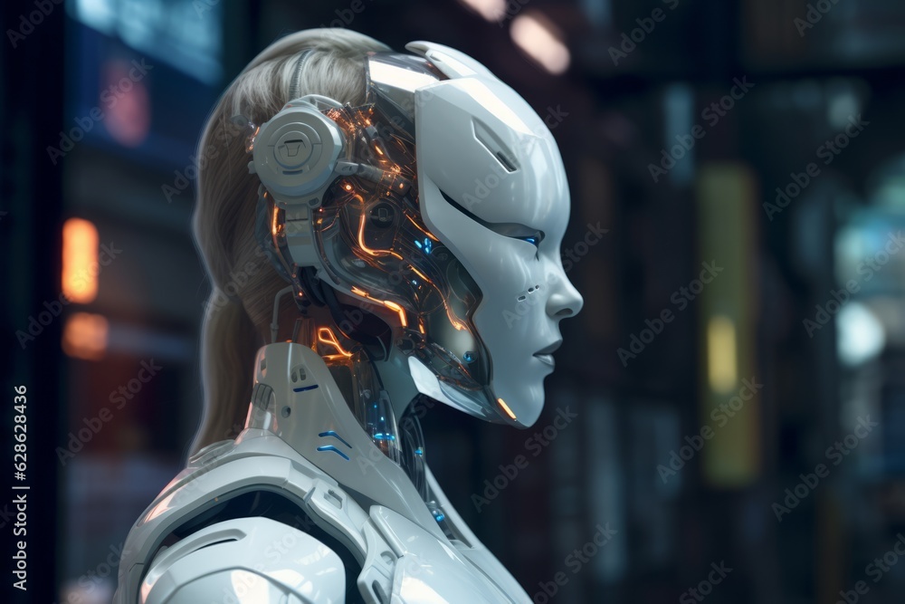 an image of a female robot in a futuristic setting an image of a female robot in a futuristic setting