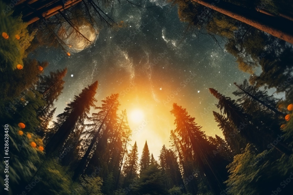 an image of a forest at night with the sun in the sky