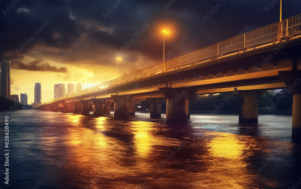 Highway bridge across a river. Sunset at the bridge across river. Bridge across river against sunset sky. Generative AI. Highway bridge across a river. Sunset at the bridge across river. Bridge across river against sunset sky. Generative AI.