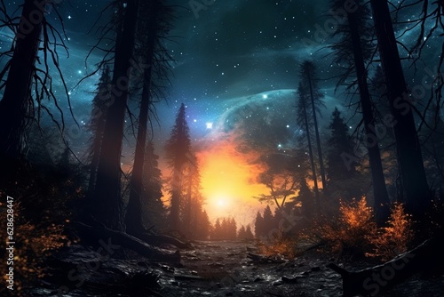 an image of a forest at night with stars in the sky