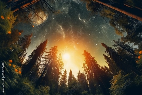 an image of a forest at night with the sun in the sky