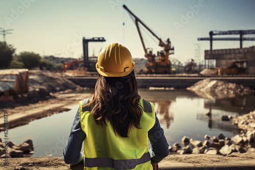 woman construction worker is looking at crane