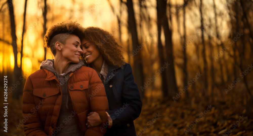 Happy lesbian couple in love, girlfriends hugging and smiling in nature at sunset, autumn season. Romantic scene between two loving women, female gay tenderness. Happy lesbian couple in love, girlfriends hugging and smiling in nature at sunset, autumn season. Romantic scene between two loving women, female gay tenderness.
