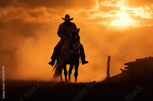 cowboy riding horse at sunset