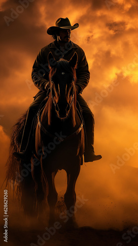 cowboy riding horse at sunset © Paula