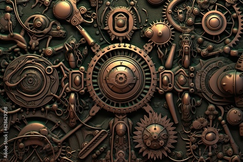 an image of a steampunk wall with many gears