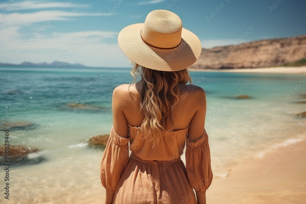 A beautiful woman in a straw hat stands with her back on the beach. AI generative.